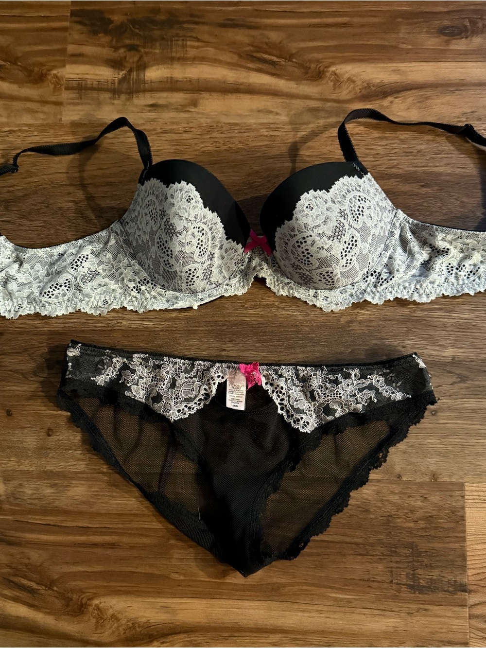 Victoria's Secret Black and White Lace Push-Up Bra & Bikini Set with Pink Accent